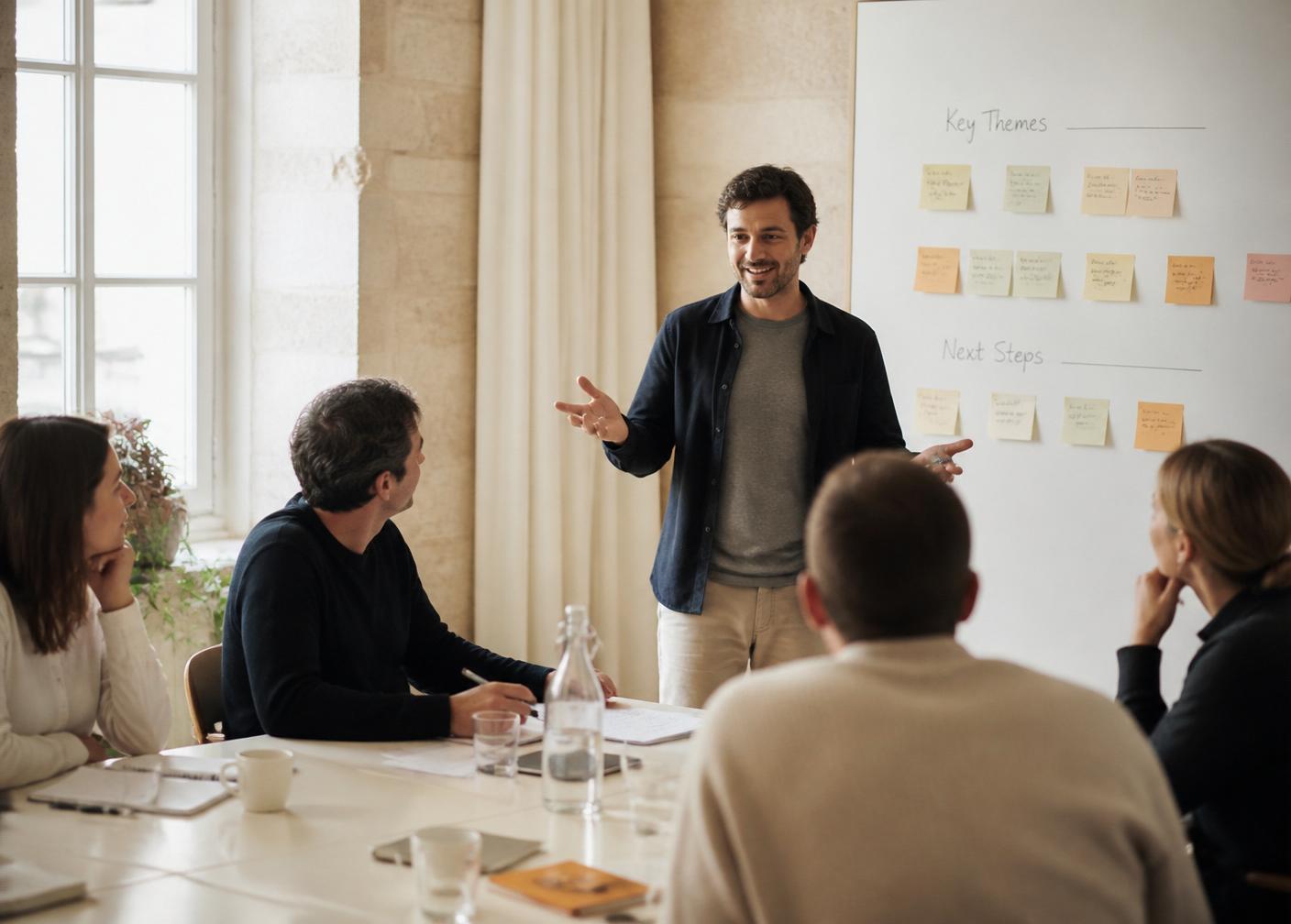 Eddie facilitating a workshop with a small group in a light-filled room.